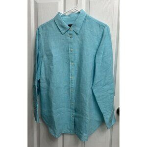 Talbots Turquoise 100% Linen Button Down Shirt Tunic Top- Petite Large